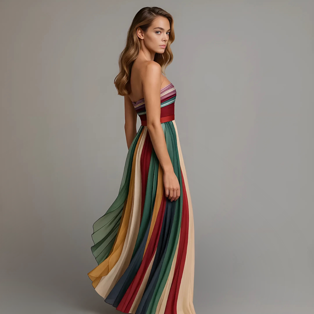 Plissiertes Maxikleid für Damen – Schulterfreies Sommerkleid mit Farbverlauf & Fließender Silhouette