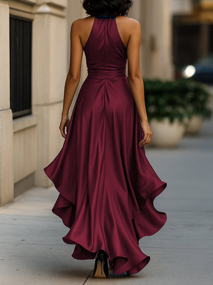 Delyra - Satin-Rüschenskleid, Rückenfrei, Mitternachts-Eleganz