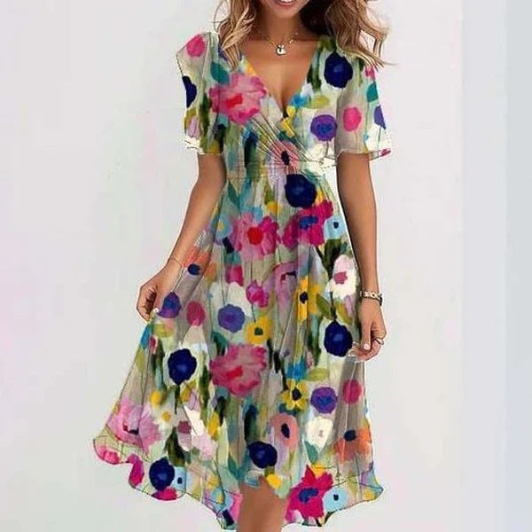 Elegantes Wickelkleid mit Blumenprint für Damen – Luftiges Chiffon Midikleid mit Volantärmeln