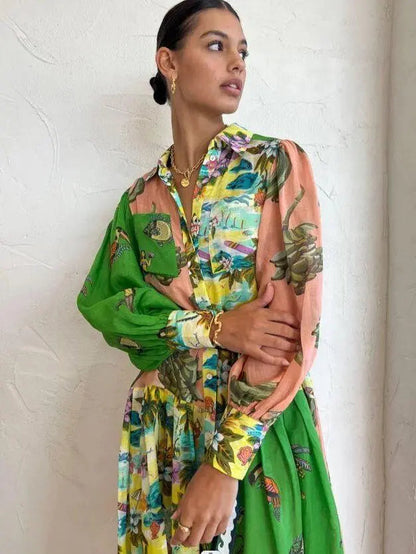 Boho-Maxikleid mit kunstvollem Print für Damen – Elegantes Hemdblusenkleid mit Bindegürtel