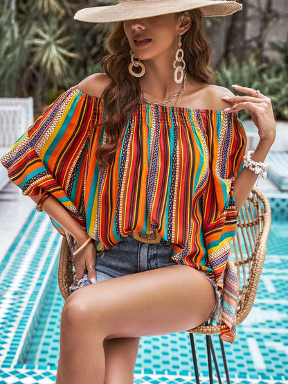 Boho Off-Shoulder Bluse mit Streifenmuster für Damen – Luftiges Sommer Top