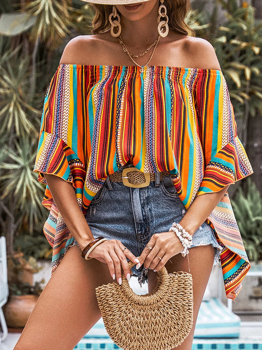 Boho Off-Shoulder Bluse mit Streifenmuster für Damen – Luftiges Sommer Top