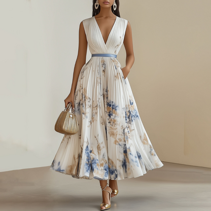 Elegantes Midi Kleid mit Plissee & floralem Print für Damen – Femininer V-Ausschnitt & stilvolle Silhouette