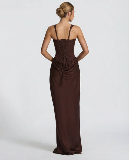 Elegantes Corsagenkleid mit eckigem Ausschnitt für Damen – Figurbetontes Maxikleid mit Satin-Finish & Schnürdetail
