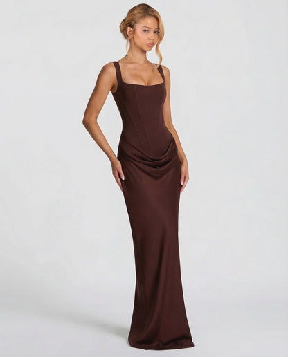 Elegantes Corsagenkleid mit eckigem Ausschnitt für Damen – Figurbetontes Maxikleid mit Satin-Finish & Schnürdetail