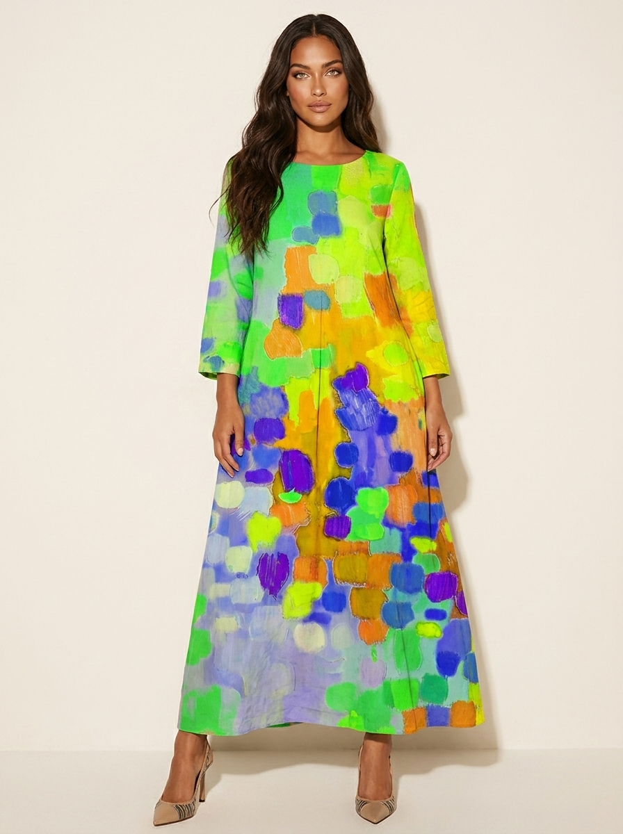 Farbenfrohes Midi Kleid mit abstraktem Print für Damen – Lockeres Freizeitkleid für Sommer & Urlaub