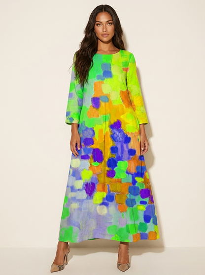 Farbenfrohes Midi Kleid mit abstraktem Print für Damen – Lockeres Freizeitkleid für Sommer & Urlaub