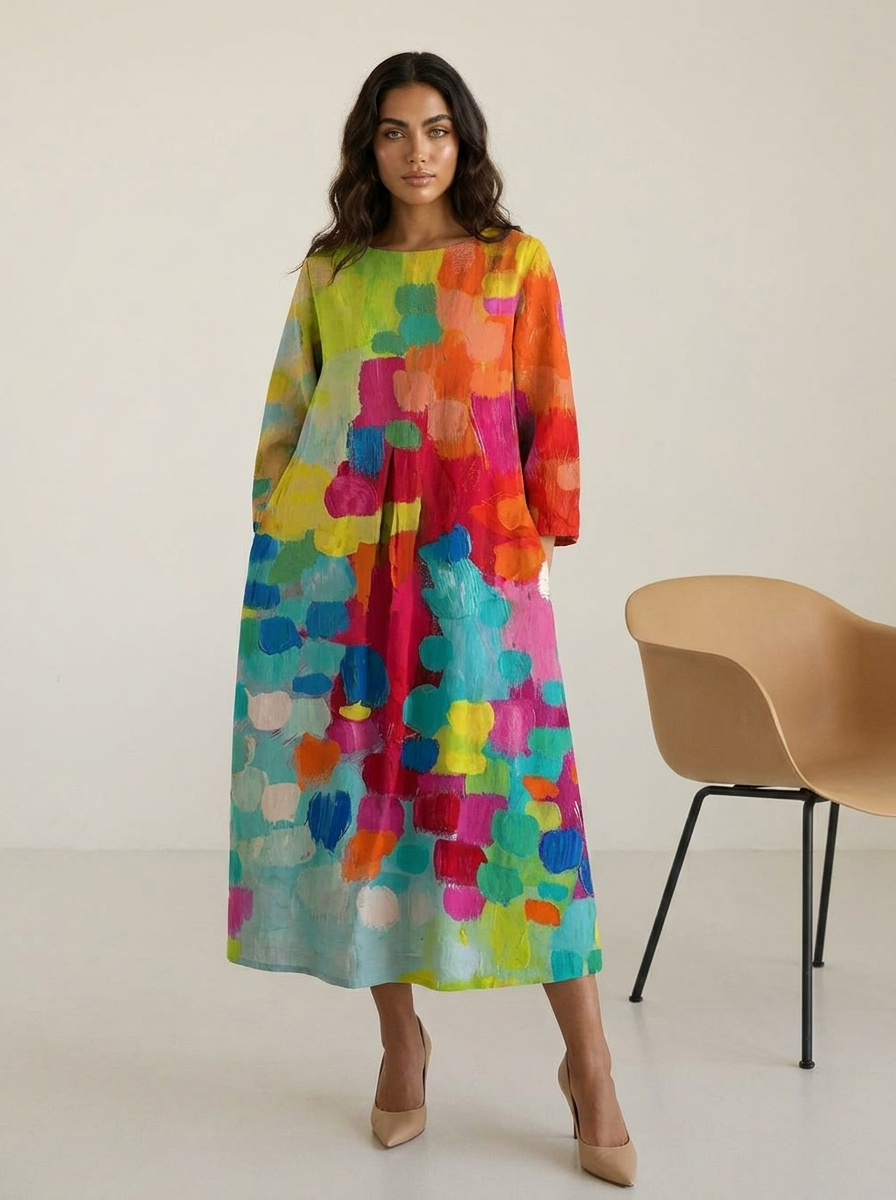 Farbenfrohes Midi Kleid mit abstraktem Print für Damen – Lockeres Freizeitkleid für Sommer & Urlaub
