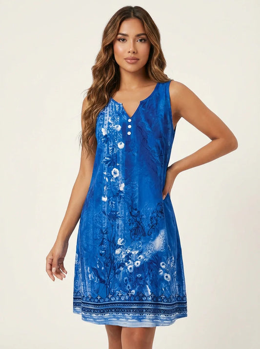 Lässiges Sommerkleid mit Print für Damen – Ärmelloses Freizeitkleid mit Knopfleiste