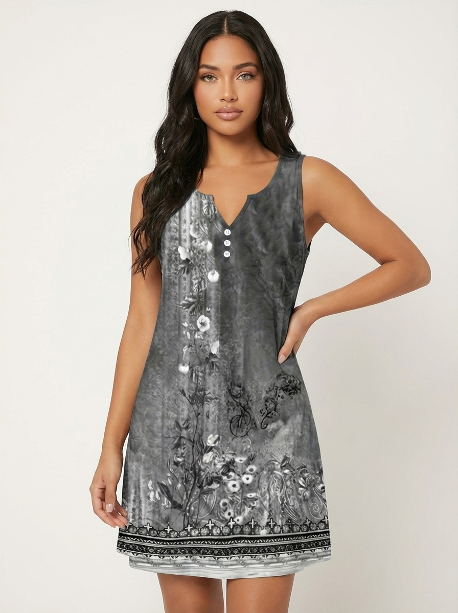 Lässiges Sommerkleid mit Print für Damen – Ärmelloses Freizeitkleid mit Knopfleiste