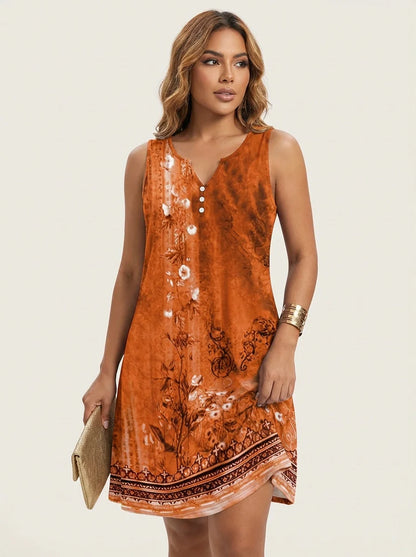 Lässiges Sommerkleid mit Print für Damen – Ärmelloses Freizeitkleid mit Knopfleiste