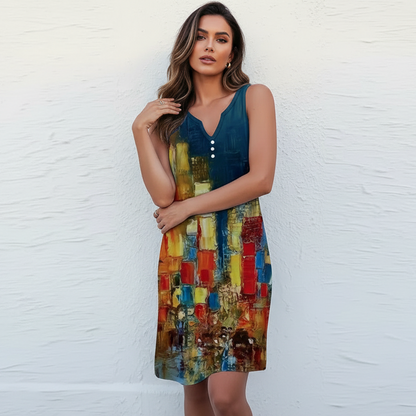 Lässiges Sommerkleid mit Print für Damen – Ärmelloses Freizeitkleid mit Knopfleiste