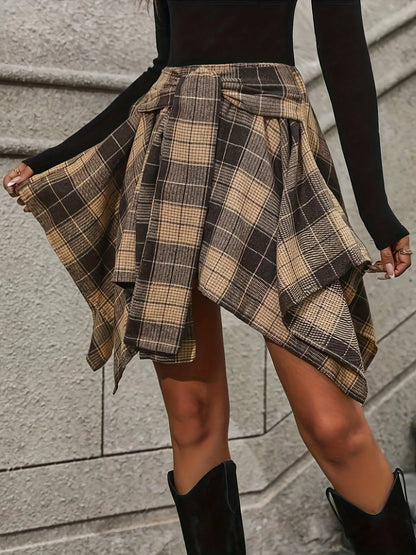 Karierter Minirock mit Bindegürtel für Damen – Asymmetrischer Rock für Freizeit & Herbst Looks