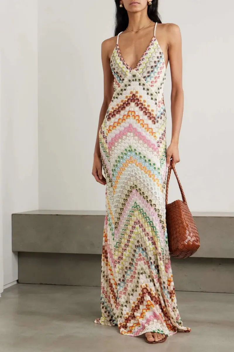 Méline - Maxikleid im Boho-Stil, inspiriert von Häkelarbeit, für Frühling und Sommer, mit feinen Spaghettiträgern und V-Ausschnitt
