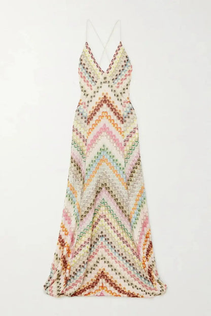Méline - Maxikleid im Boho-Stil, inspiriert von Häkelarbeit, für Frühling und Sommer, mit feinen Spaghettiträgern und V-Ausschnitt