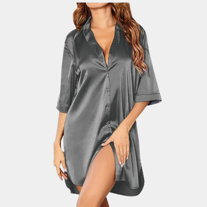 Elegantes Satin Hemdblusenkleid mit Knopfleiste & Lockerer Passform für Damen