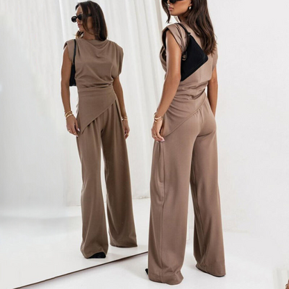 Eleganter Zweiteiler mit weitem Bein & Drapiertem Top – Stilvoller Jumpsuit Look für Damen