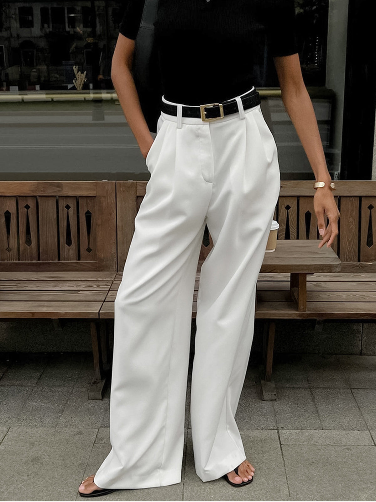 Elegante High-Waist Stoffhose für Damen – Weite Anzughose mit geradem Bein
