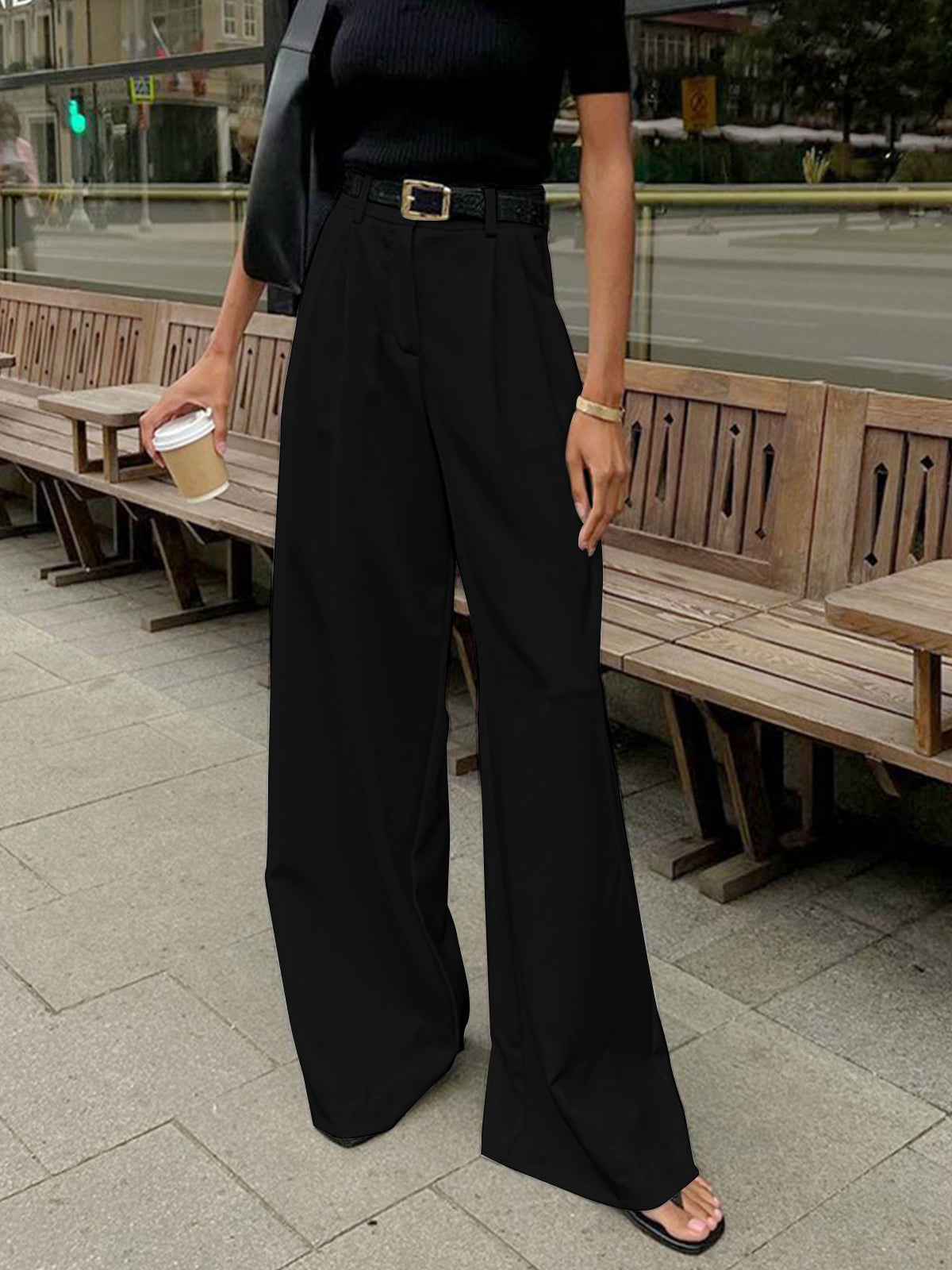 Elegante High-Waist Stoffhose für Damen – Weite Anzughose mit geradem Bein