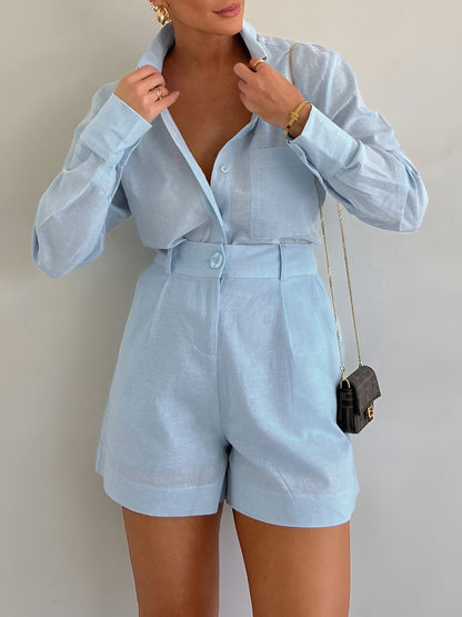 Eleganter Leinen-Overall mit Hemdkragen für Damen – Lockerer Kurzarm Jumpsuit mit High-Waist Shorts
