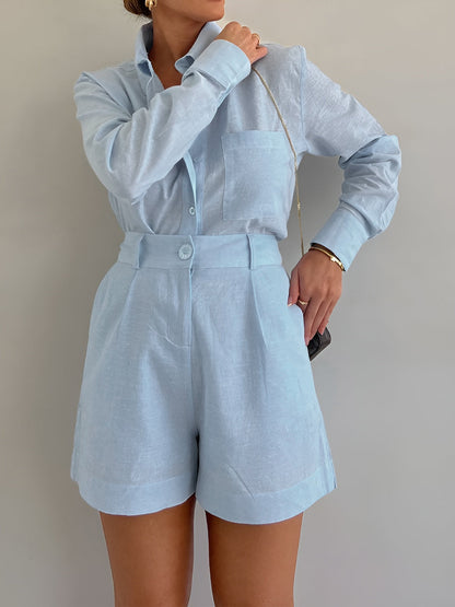 Eleganter Leinen-Overall mit Hemdkragen für Damen – Lockerer Kurzarm Jumpsuit mit High-Waist Shorts