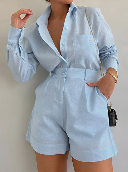 Eleganter Leinen-Overall mit Hemdkragen für Damen – Lockerer Kurzarm Jumpsuit mit High-Waist Shorts