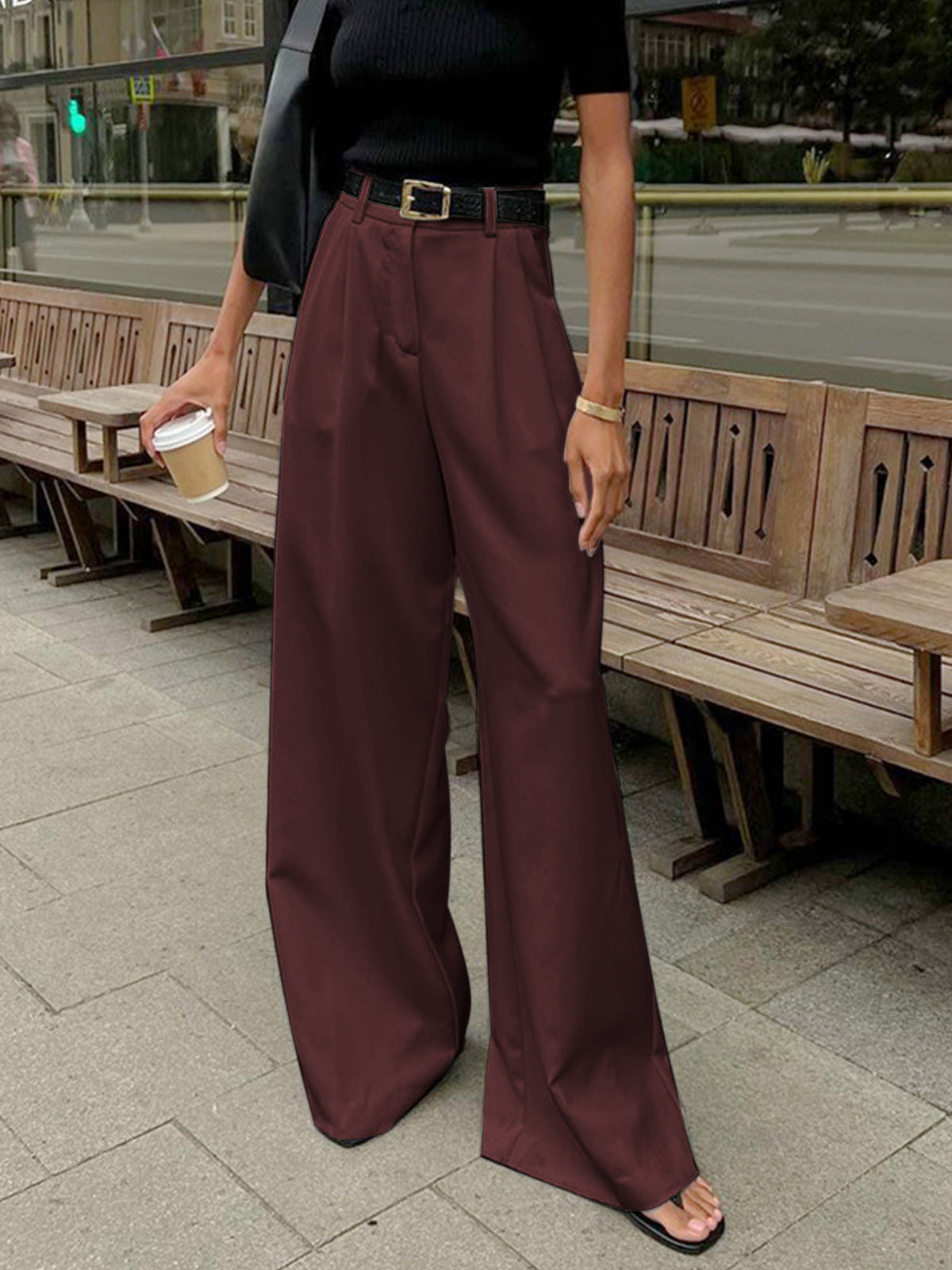 Elegante High-Waist Stoffhose für Damen – Weite Anzughose mit geradem Bein