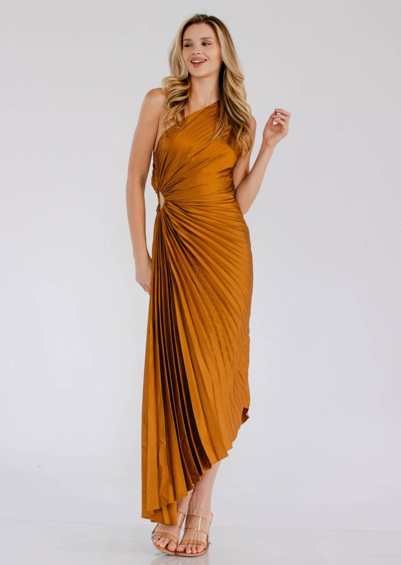 Féline - Plissiertes Sommerkleid mit einem Schulterdesign im Göttinnenstil und seitlichem Schlitz