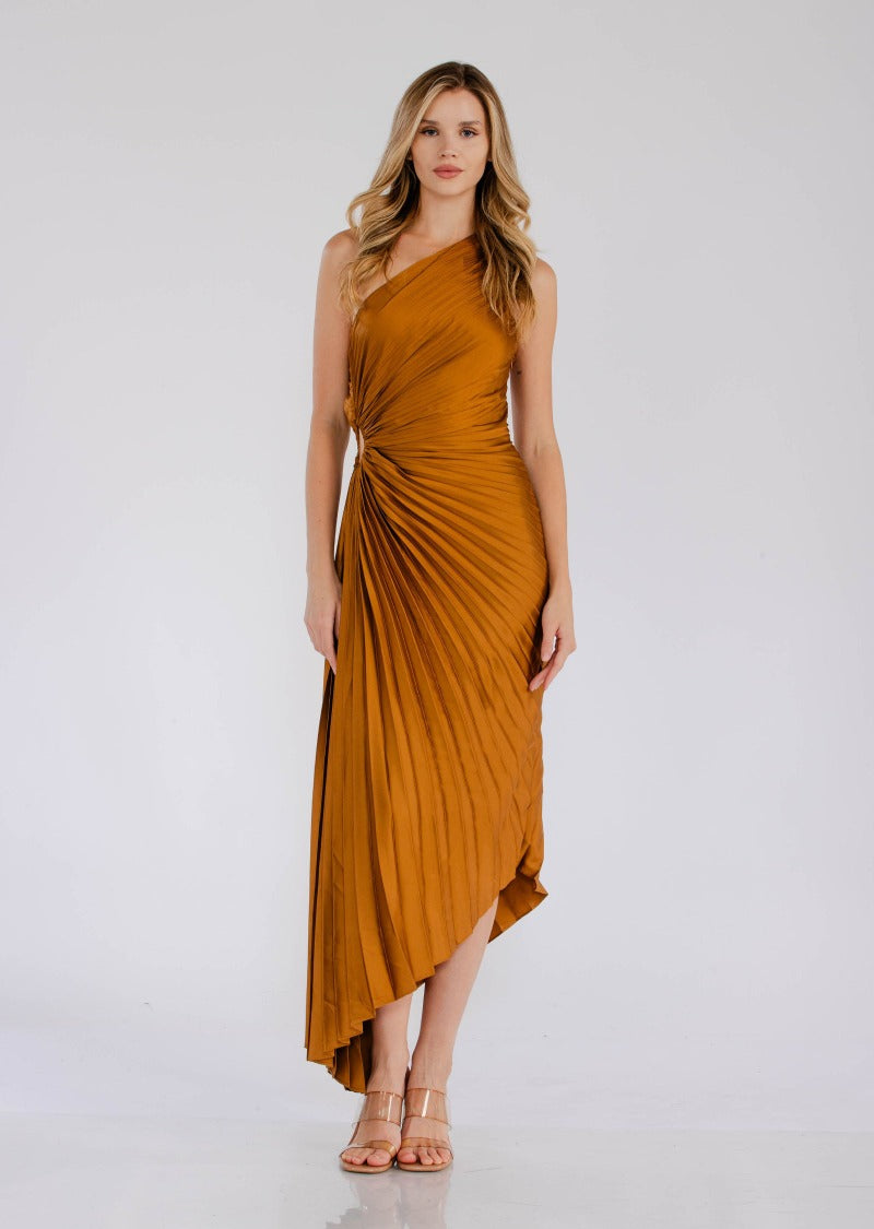 Féline - Plissiertes Sommerkleid mit einem Schulterdesign im Göttinnenstil und seitlichem Schlitz