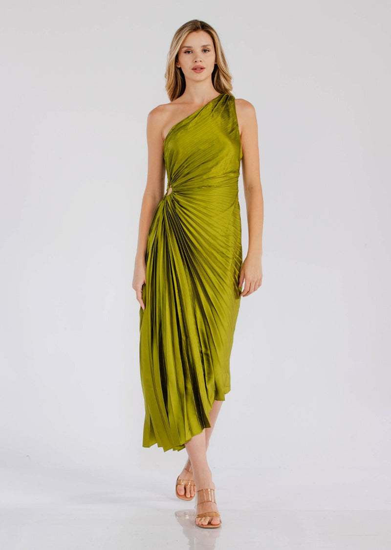 Féline - Plissiertes Sommerkleid mit einem Schulterdesign im Göttinnenstil und seitlichem Schlitz