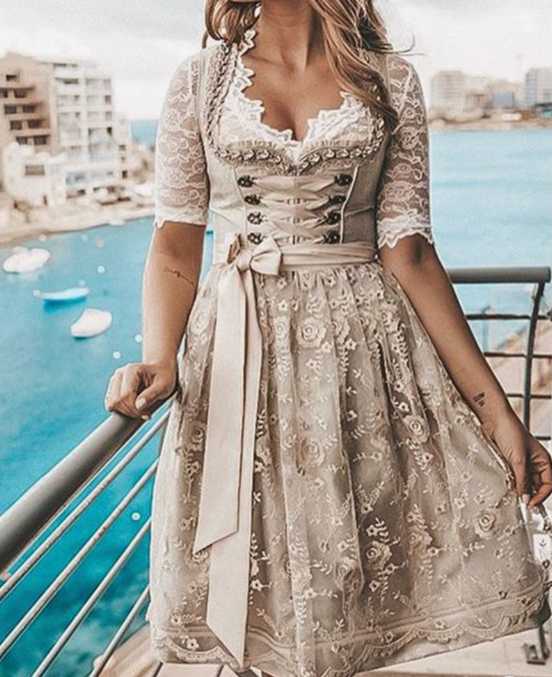 Elegantes Spitzen Dirndl Kleid für Damen – Figurbetontes Trachtenkleid mit Schleife & Vintage-Charme