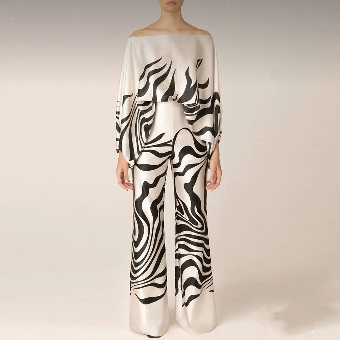 Maëlys - Elegantes Zweiteiliges Ensemble für Frühling und Sommer mit Weiten Ärmeln und Off-Shoulder Design, Hochtaillierte Palazzo-Hosen und Glänzenden Mustern