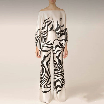 Maëlys - Elegantes Zweiteiliges Ensemble für Frühling und Sommer mit Weiten Ärmeln und Off-Shoulder Design, Hochtaillierte Palazzo-Hosen und Glänzenden Mustern