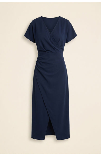 Elegantes Wickelkleid mit V-Ausschnitt für Damen – Figurbetontes Midikleid mit Taillenraffung & Schlitz