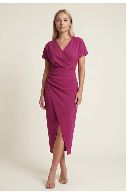 Elegantes Wickelkleid mit V-Ausschnitt für Damen – Figurbetontes Midikleid mit Taillenraffung & Schlitz