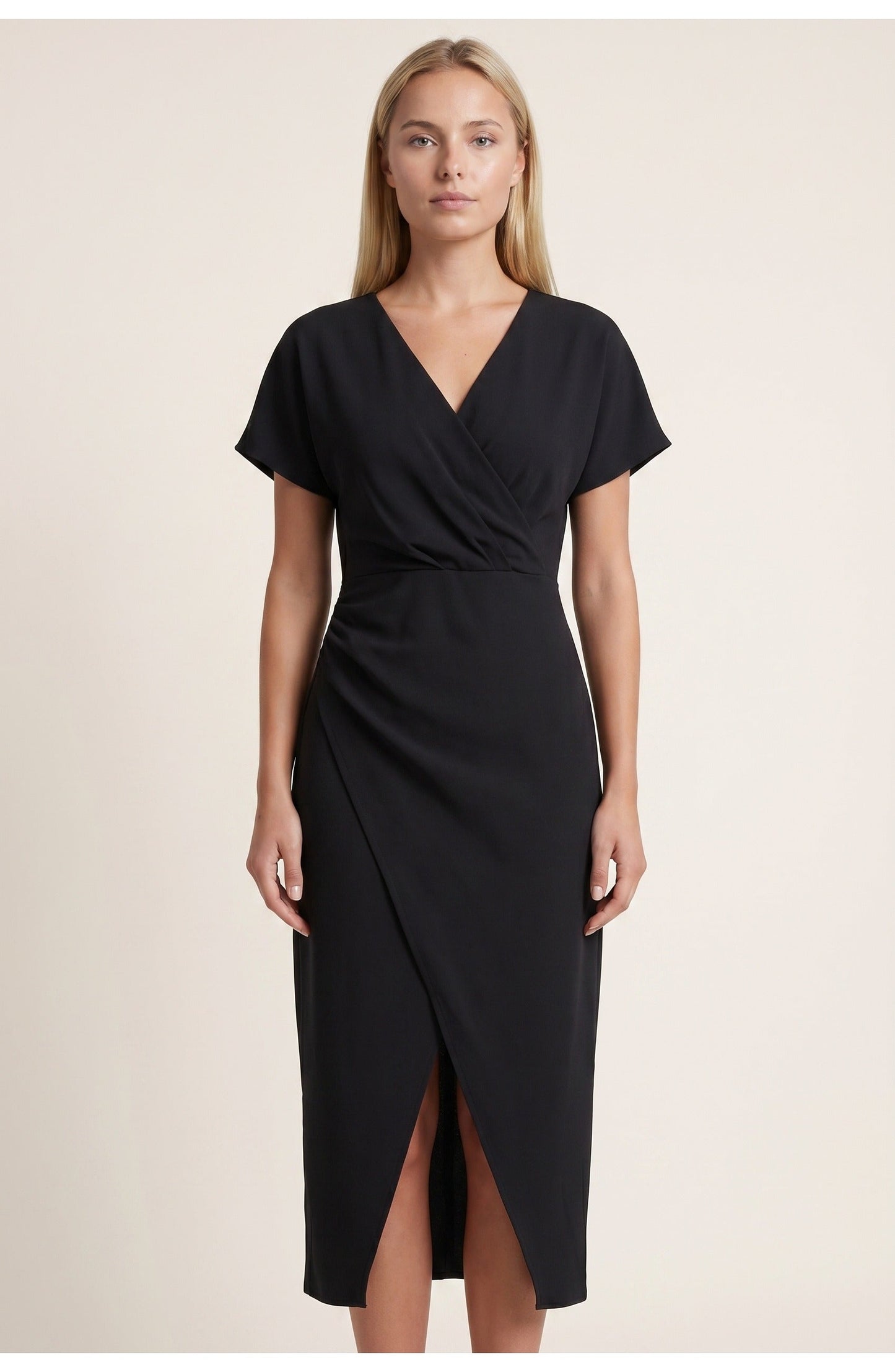 Elegantes Wickelkleid mit V-Ausschnitt für Damen – Figurbetontes Midikleid mit Taillenraffung & Schlitz