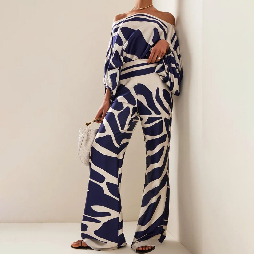 Maëlys - Elegantes Zweiteiliges Ensemble für Frühling und Sommer mit Weiten Ärmeln und Off-Shoulder Design, Hochtaillierte Palazzo-Hosen und Glänzenden Mustern