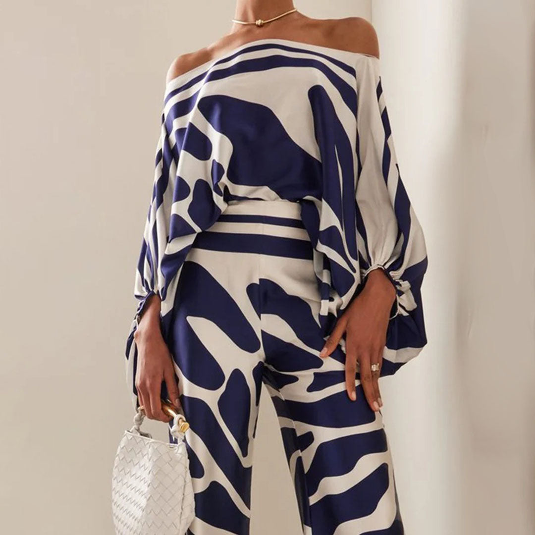 Maëlys - Elegantes Zweiteiliges Ensemble für Frühling und Sommer mit Weiten Ärmeln und Off-Shoulder Design, Hochtaillierte Palazzo-Hosen und Glänzenden Mustern