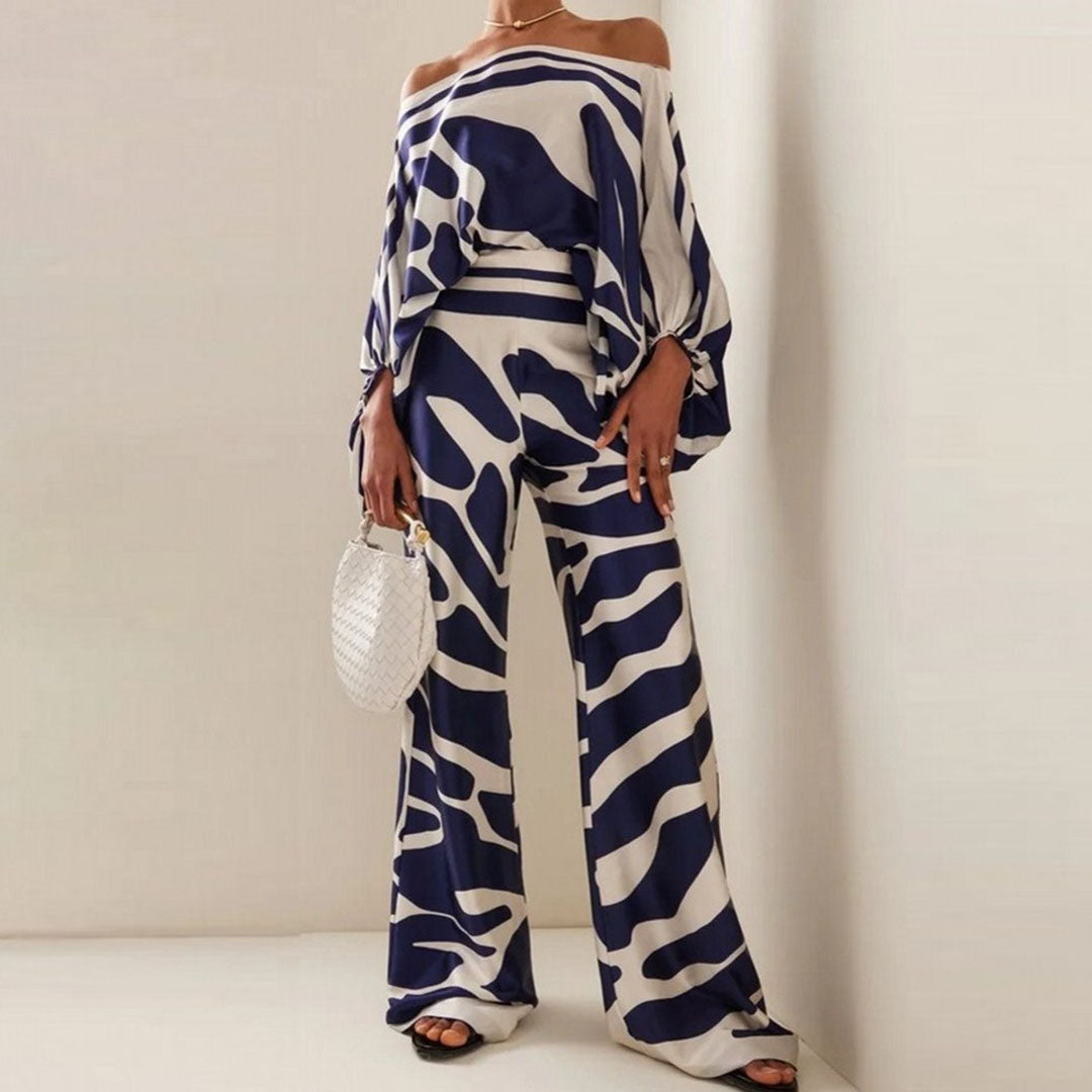 Maëlys - Elegantes Zweiteiliges Ensemble für Frühling und Sommer mit Weiten Ärmeln und Off-Shoulder Design, Hochtaillierte Palazzo-Hosen und Glänzenden Mustern