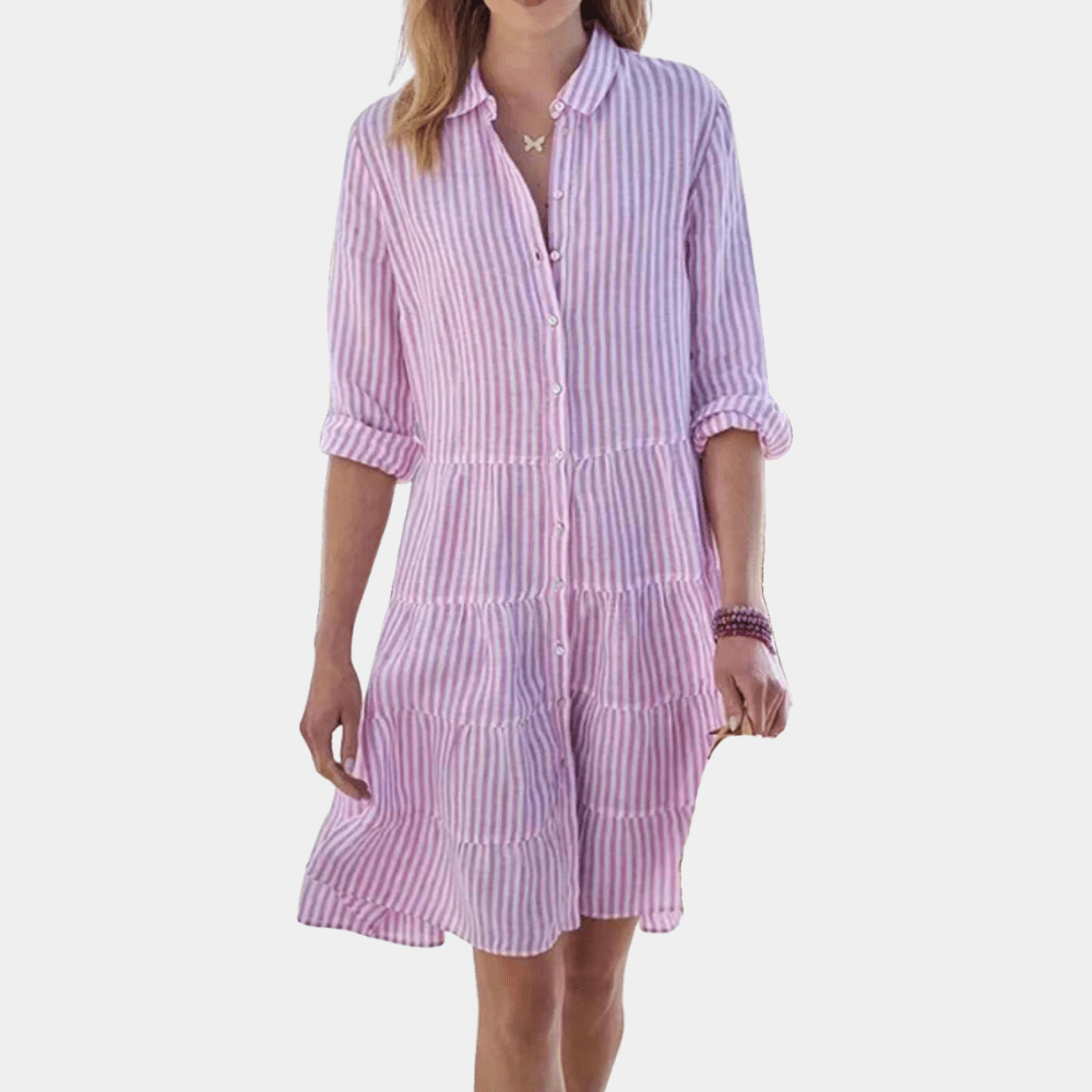 Océane - Gestreiftes Hemdblusenkleid mit Rüschen | Leicht und Atmungsaktiv | Baumwollmischung | Lässiges Sommerkleid