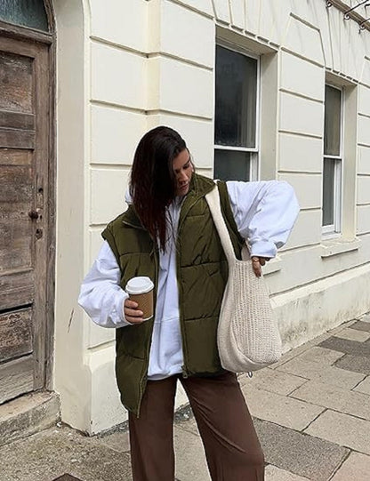 Oversized Steppweste mit Reißverschluss & Taschen – Warme, lässige Winterweste für Damen