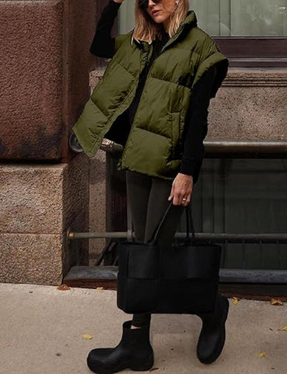 Oversized Steppweste mit Reißverschluss & Taschen – Warme, lässige Winterweste für Damen