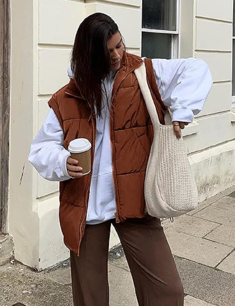 Oversized Steppweste mit Reißverschluss & Taschen – Warme, lässige Winterweste für Damen