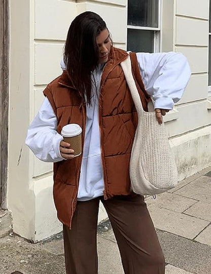 Oversized Steppweste mit Reißverschluss & Taschen – Warme, lässige Winterweste für Damen