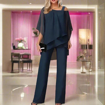 Elegantes Damen 2-Teiler Set mit Chiffon-Bluse & weiter Hose – Locker, Stilvoll & Festlich