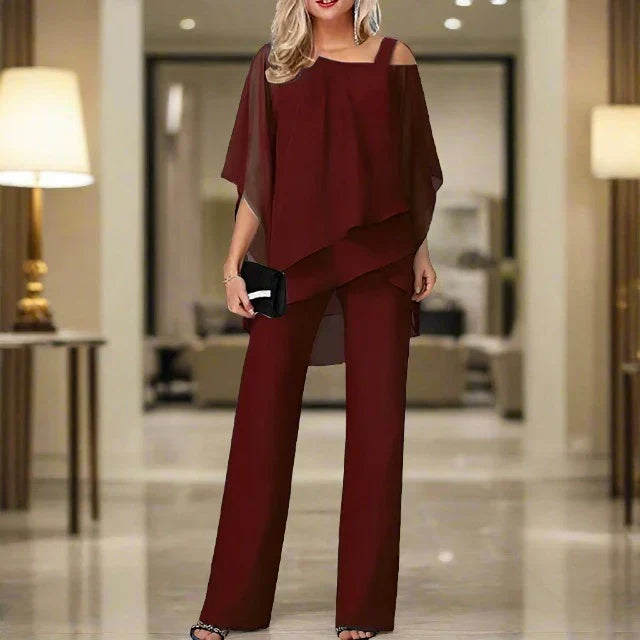 Elegantes Damen 2-Teiler Set mit Chiffon-Bluse & weiter Hose – Locker, Stilvoll & Festlich