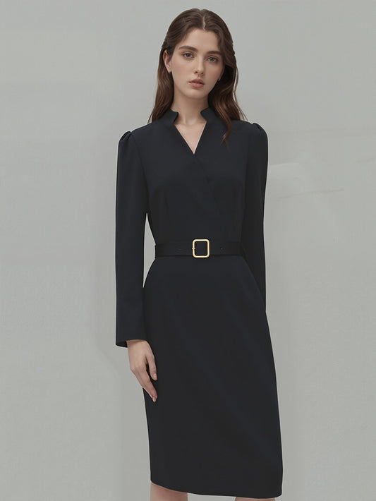 Noctélie - Elegante Business Casual Midi Kleid, Tailliert, mit Wickelausschnitt und Gürtel