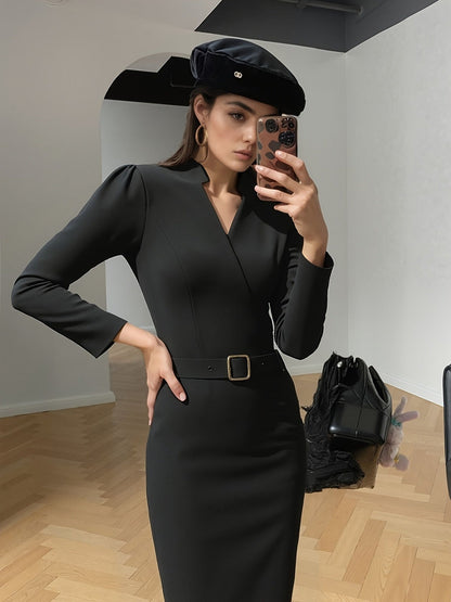 Noctélie - Elegante Business Casual Midi Kleid, Tailliert, mit Wickelausschnitt und Gürtel