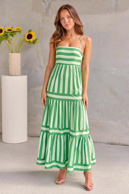 Lisea - Langes, Weites Kleid mit Fröhlichen Streifen für Frühling und Sommer, mit Feinen Spaghetti-Trägern