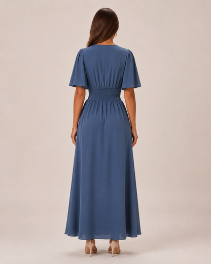 Elegantes V-Ausschnitt Maxikleid für Damen – Fließendes Abendkleid mit Beinschlitz & Taillenbetonung